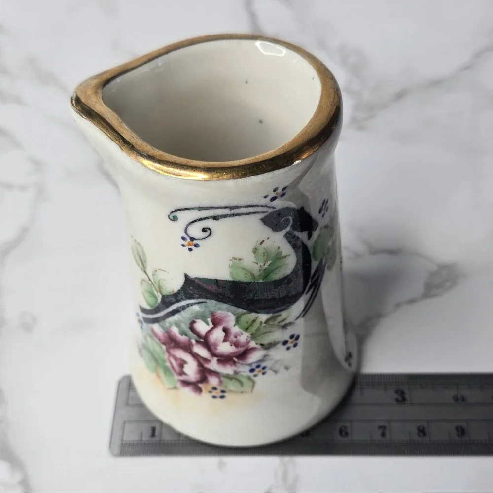 Vintage Syracuse Art Deco Old Ivory Hand Painted Gazelle Rose Creamer Gold Rim